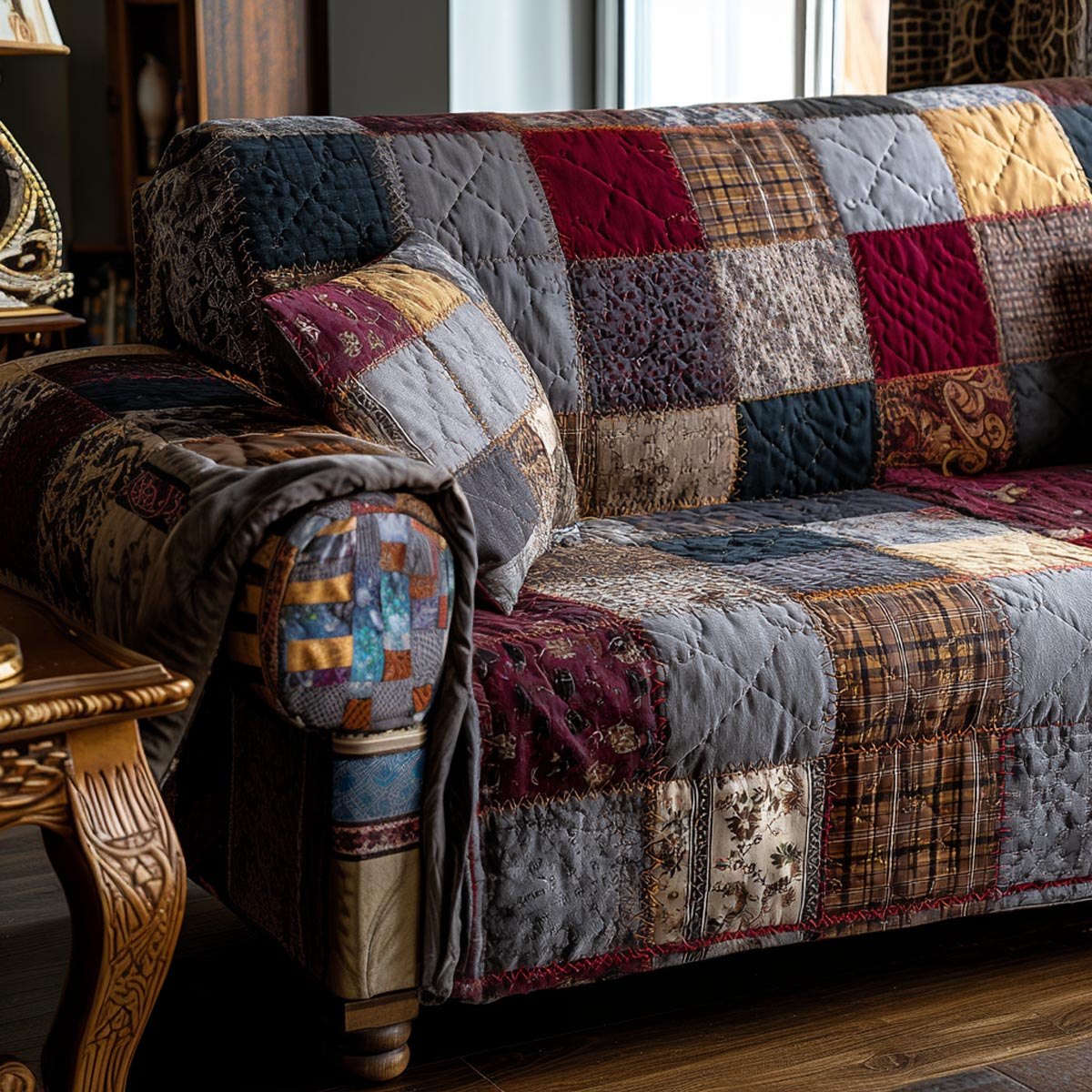 Muted Patchwork Squares Quilt Sofa Cover
