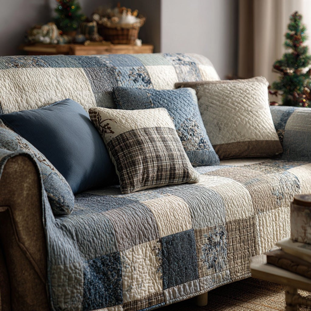 Blue and Grey Plaid Patchwork Sofa Cover
