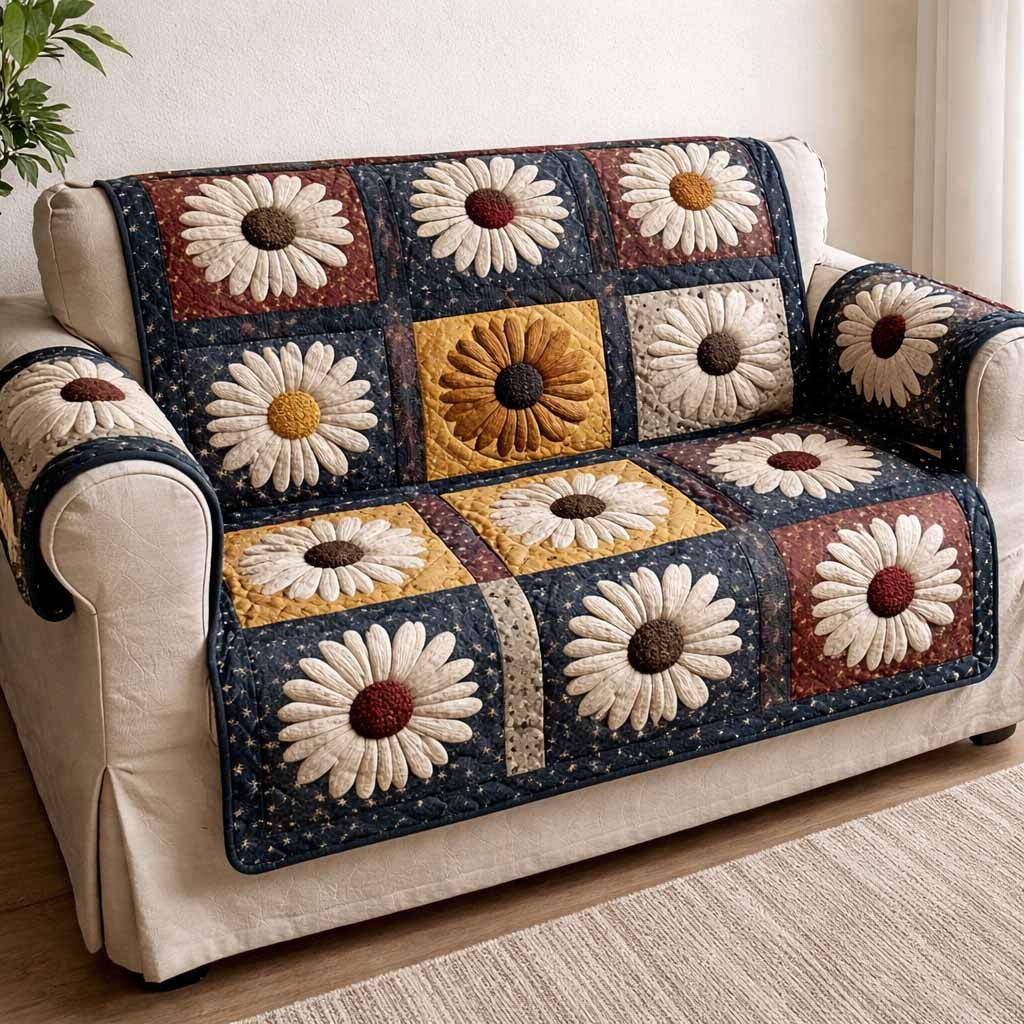 White Daisies on Navy Squares Sofa Cover