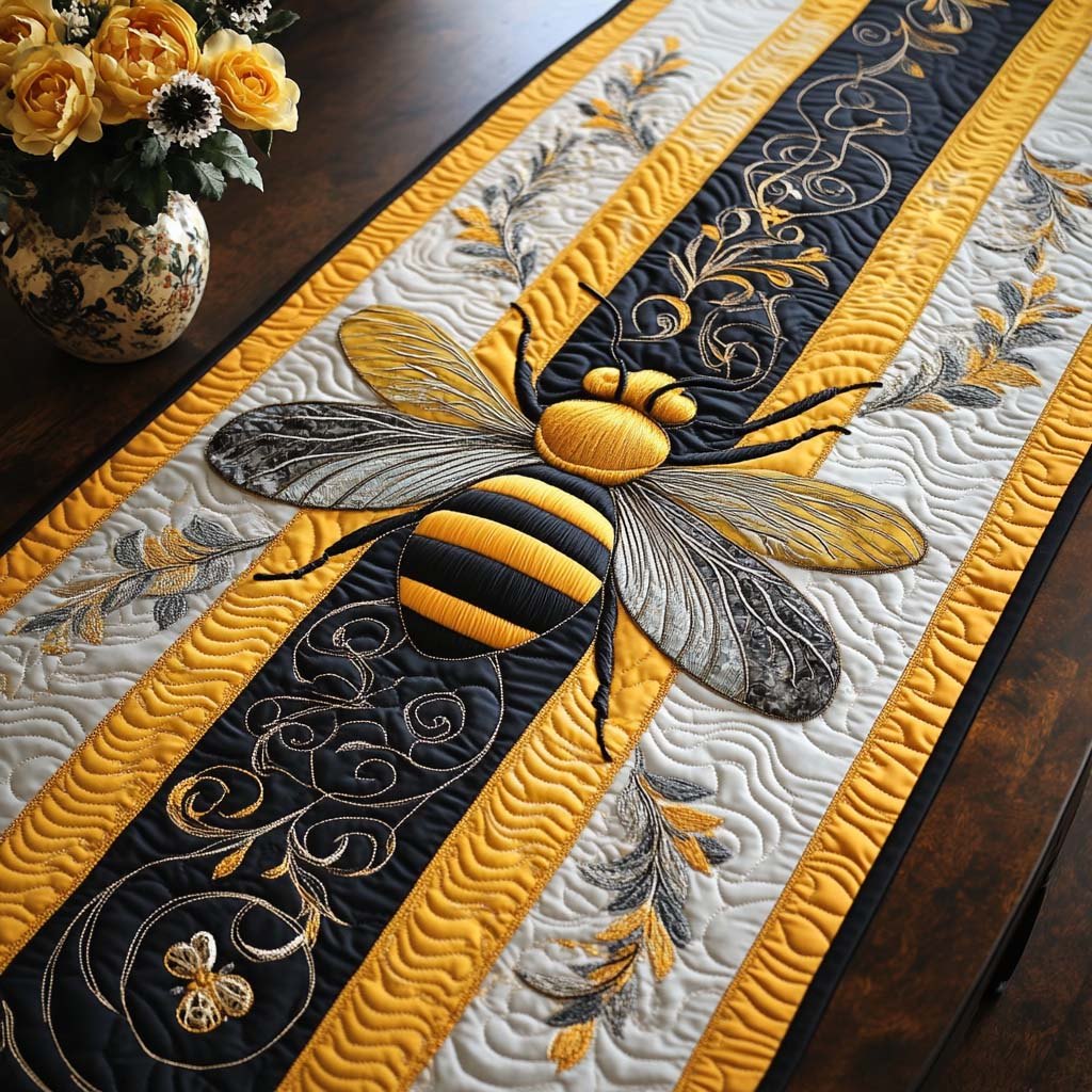 Bee on Black and Gold Stripes Table Runner