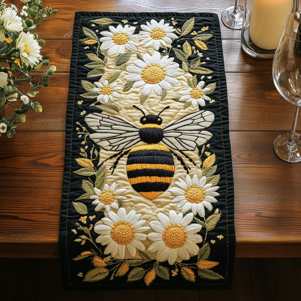 Bee with White Daisies on Black Table Runner