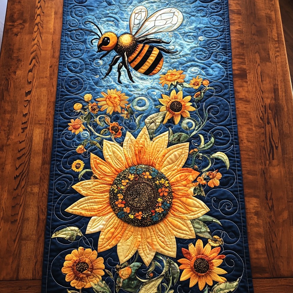 Sunflower and Bees on Blue Table Runner
