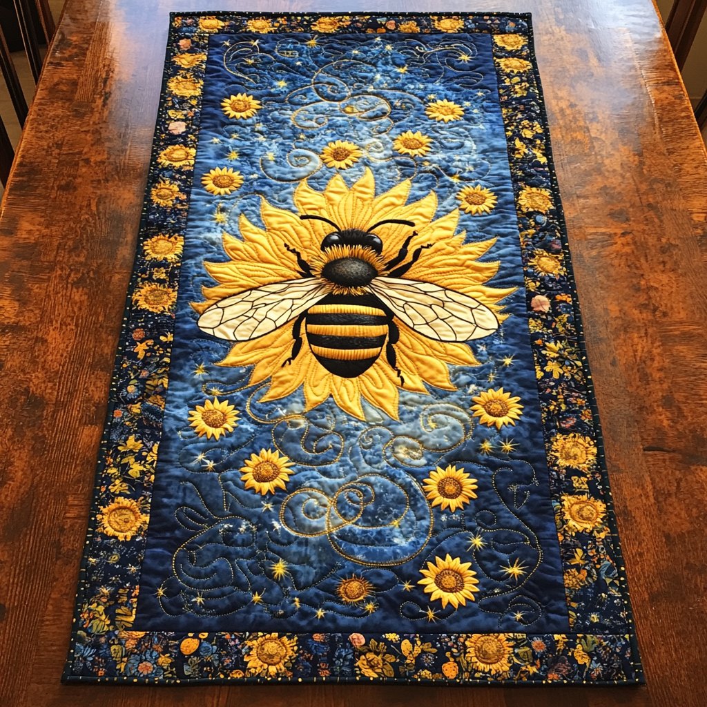 Bee Above Sunflowers on Navy Table Runner
