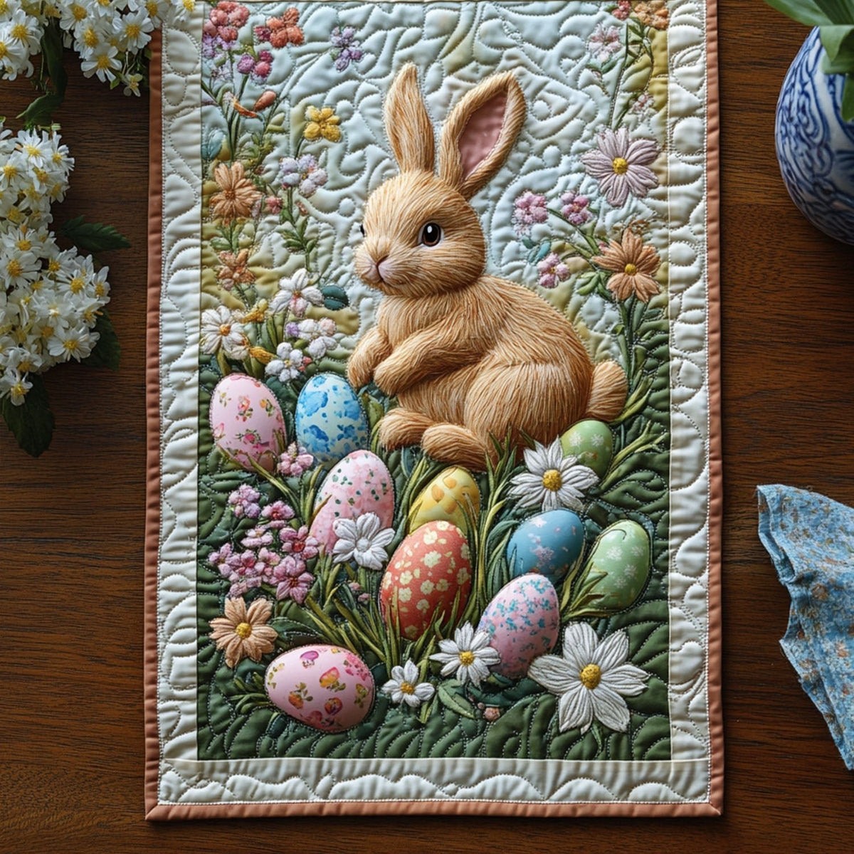 Brown Rabbit with Eggs and Daisies Table Runner