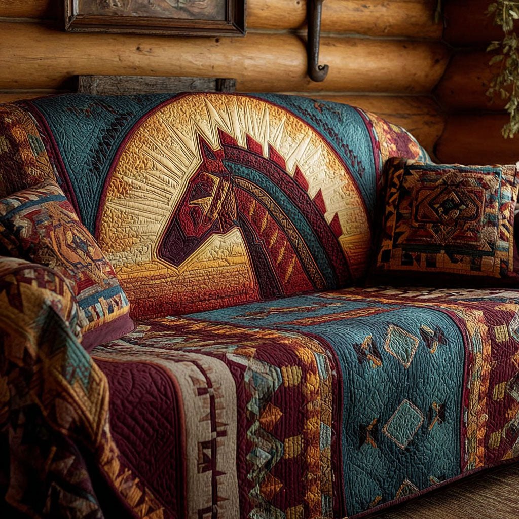 Southwestern Horse on Aztec Stripes Sofa Cover