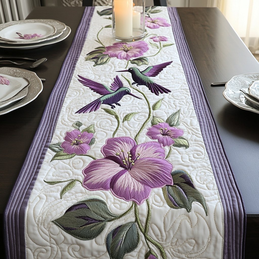 Hummingbirds with Purple Blooms on White Table Runner