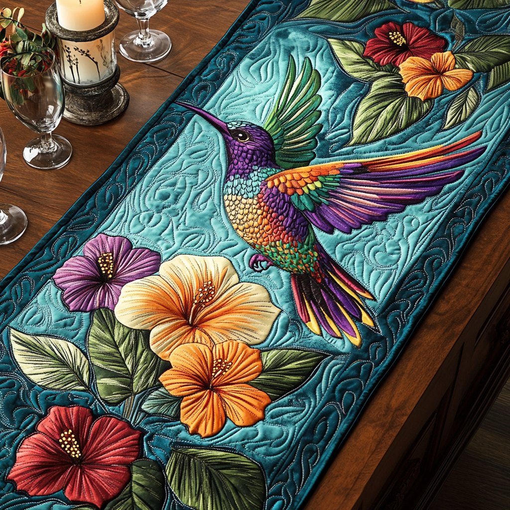 Hummingbirds and Hibiscus on Teal Table Runner