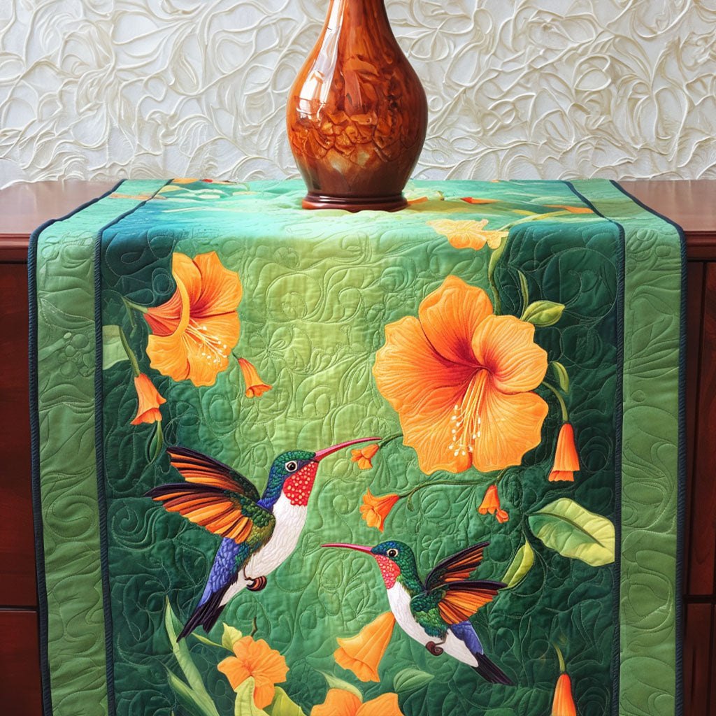 Hummingbirds with Orange Hibiscus on Green Table Runner