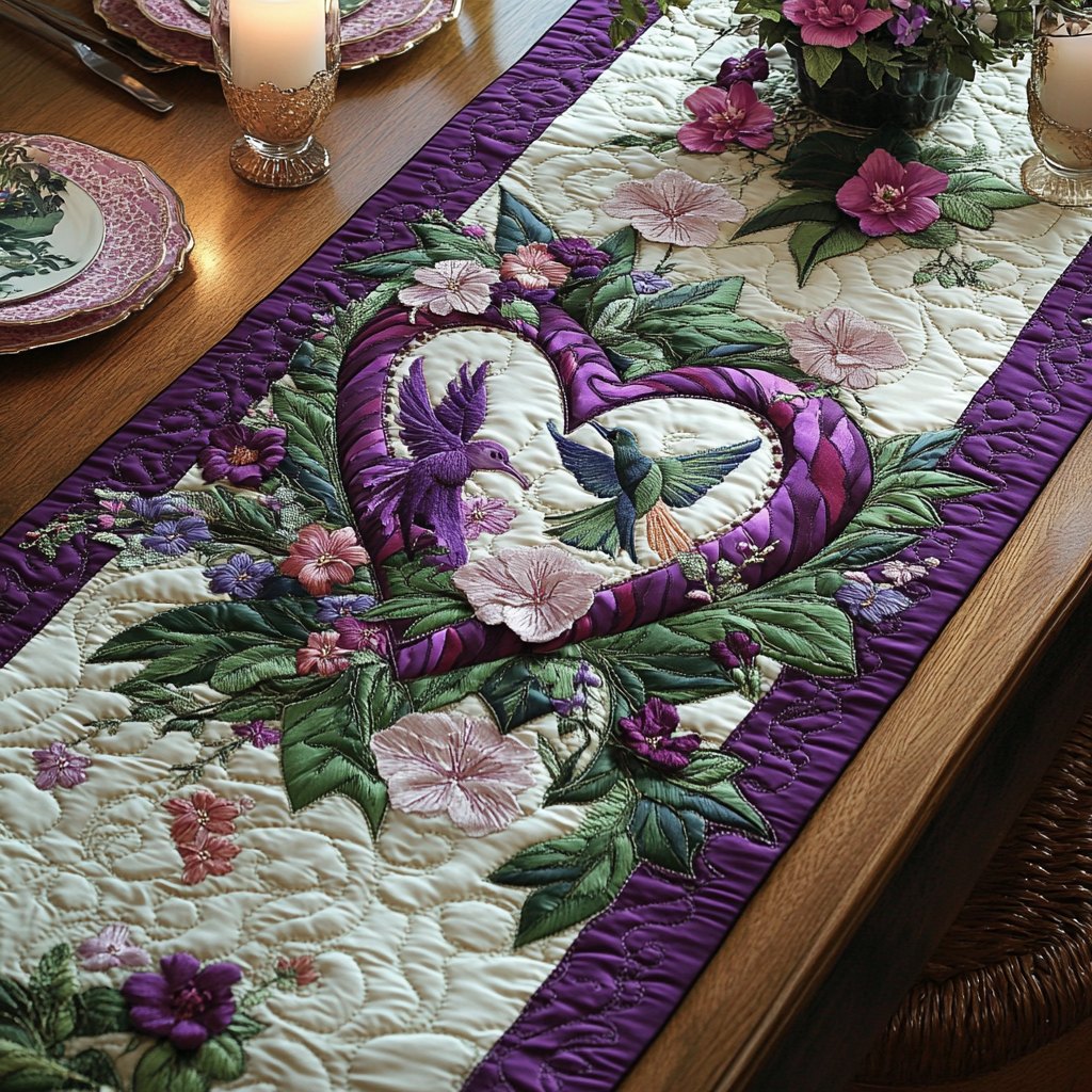 Purple Hummingbird Heart Wreath Table Runner