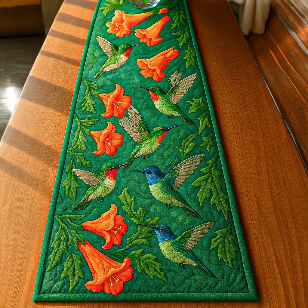 Hummingbirds with Trumpet Vine on Green Table Runner