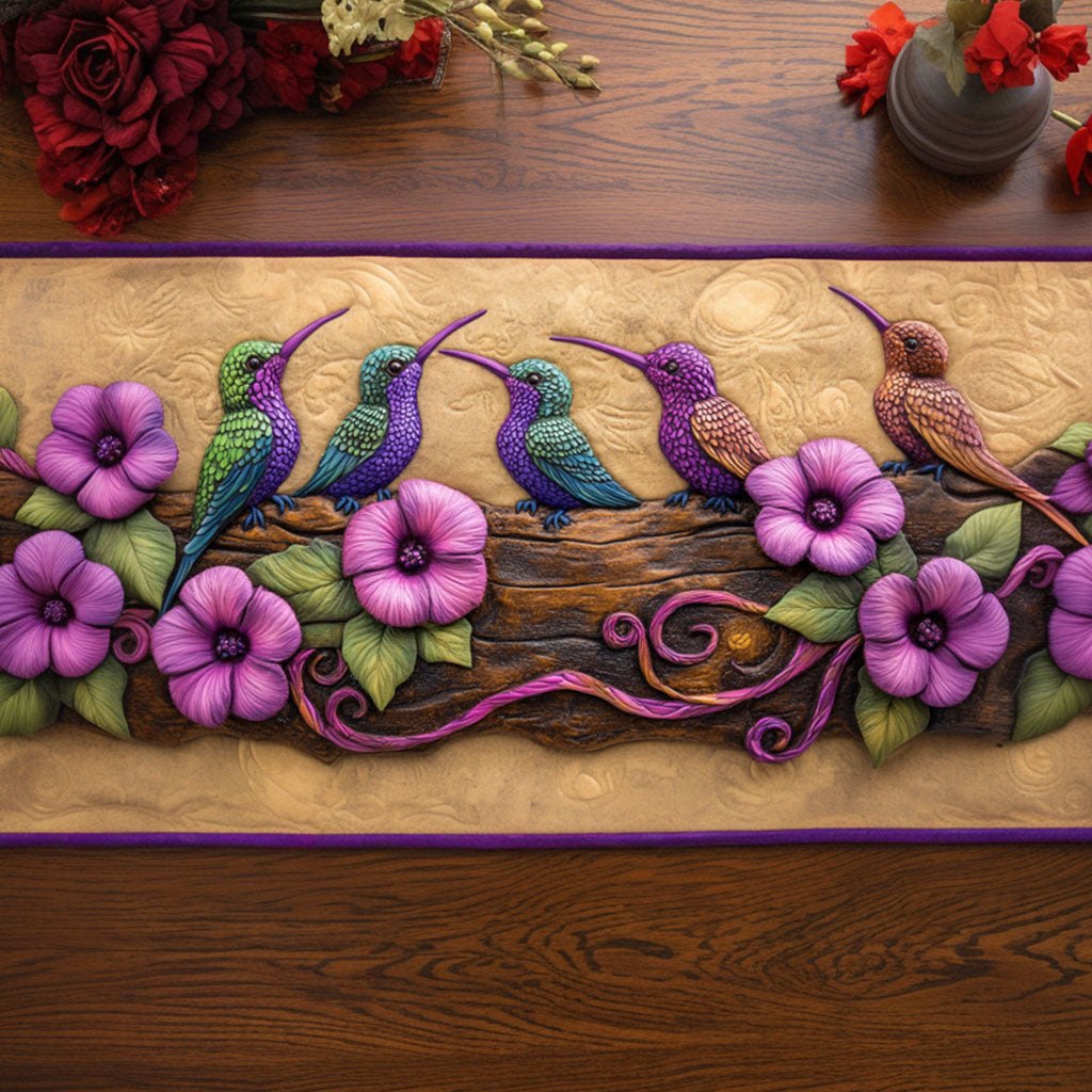 Hummingbirds on Branch with Pink Flowers Table Runner