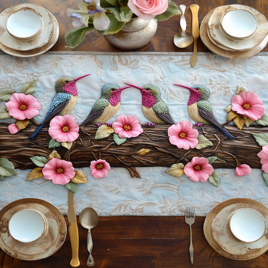 Row of Hummingbirds on Pale Branch Table Runner