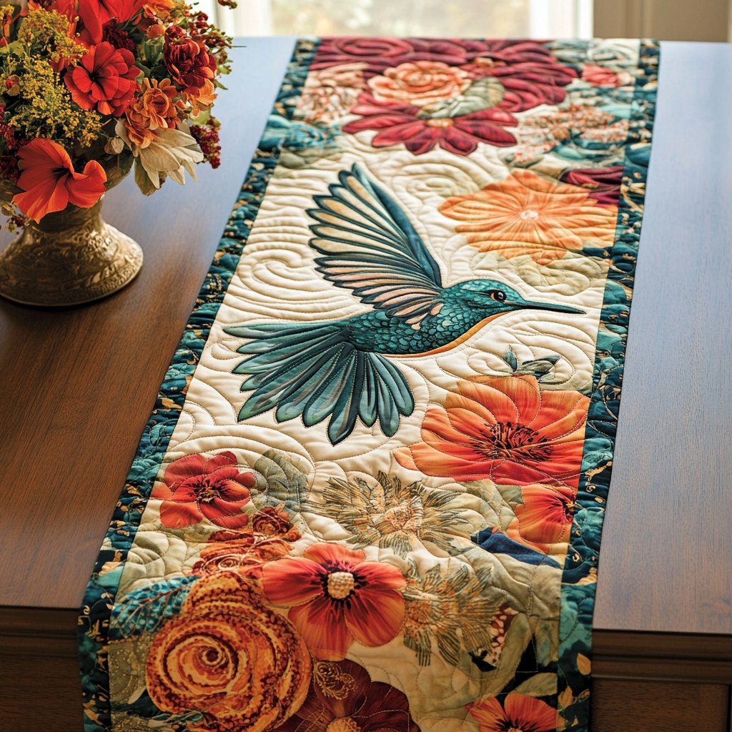 Teal Hummingbird with Orange Flowers Table Runner