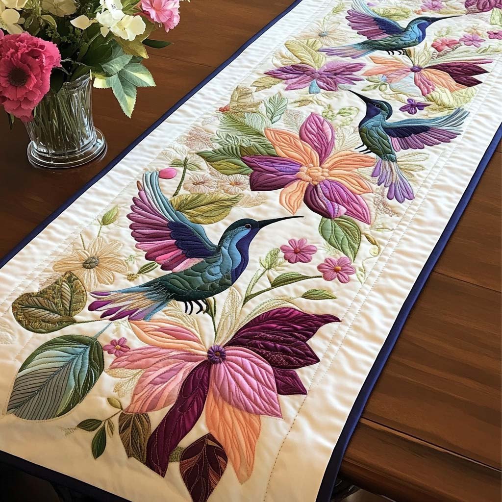 Hummingbird Among Purple Blooms Table Runner