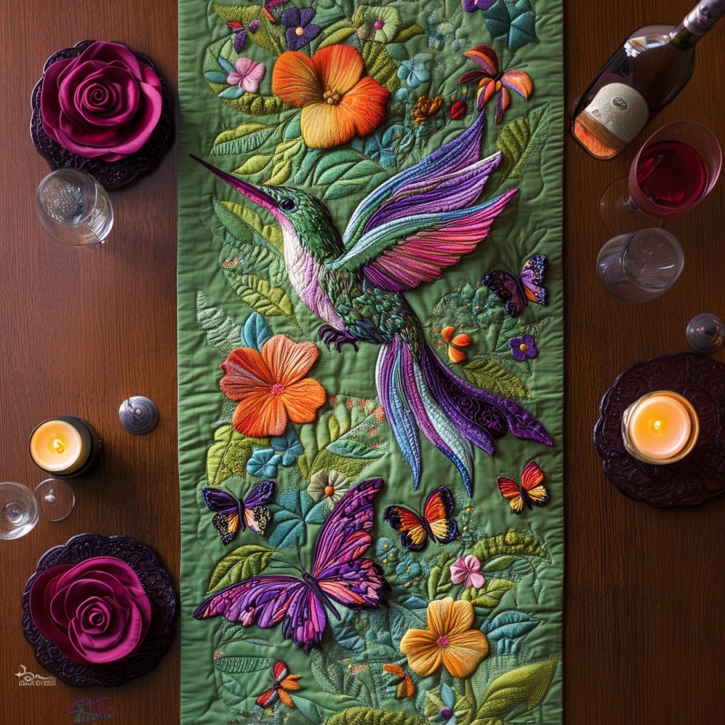 Hummingbirds and Butterflies on Green Table Runner