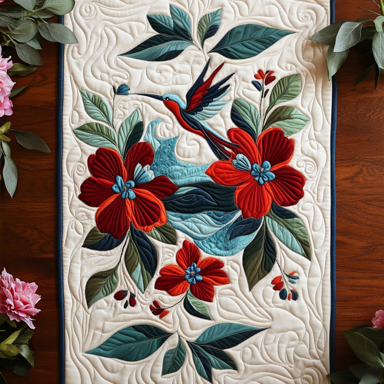 Red Flowers on Cream Quilting Table Runner