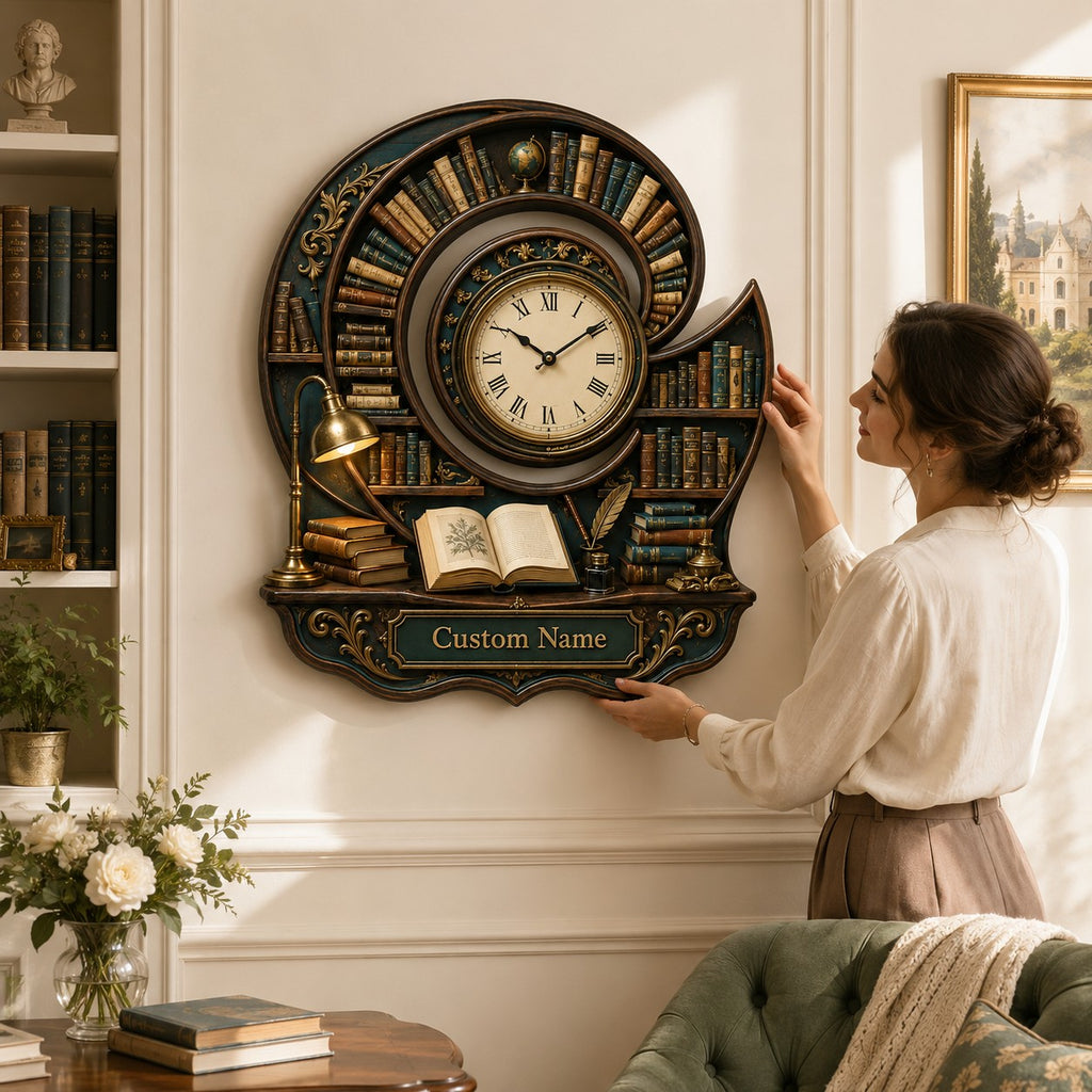 Personalized Spiral Library Wall Clock — personalized with a custom name