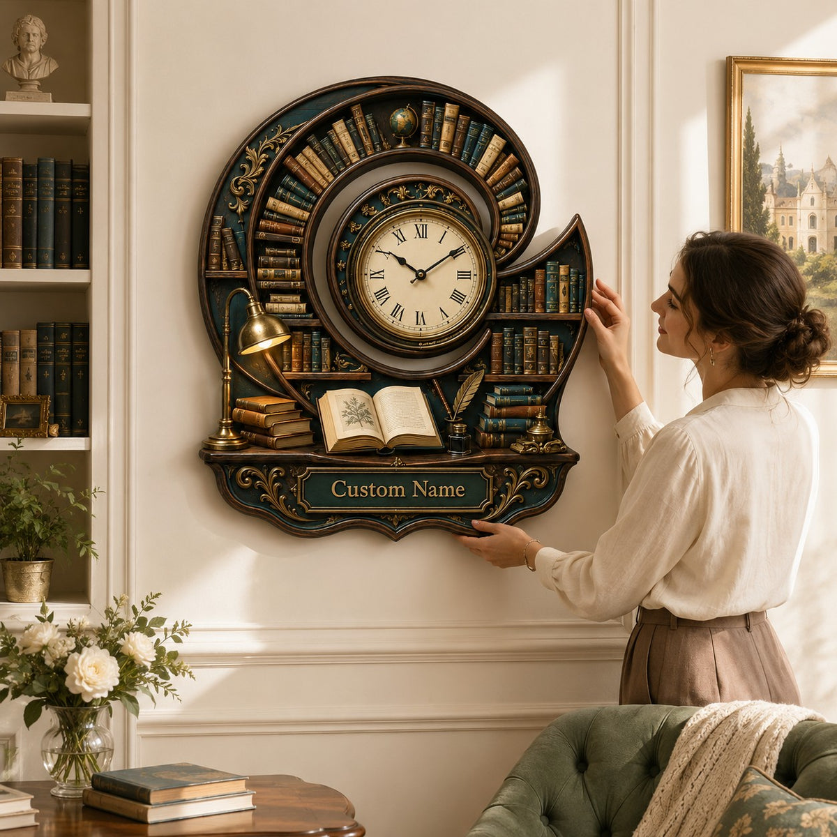 Personalized Spiral Library Wall Clock — personalized with a custom name