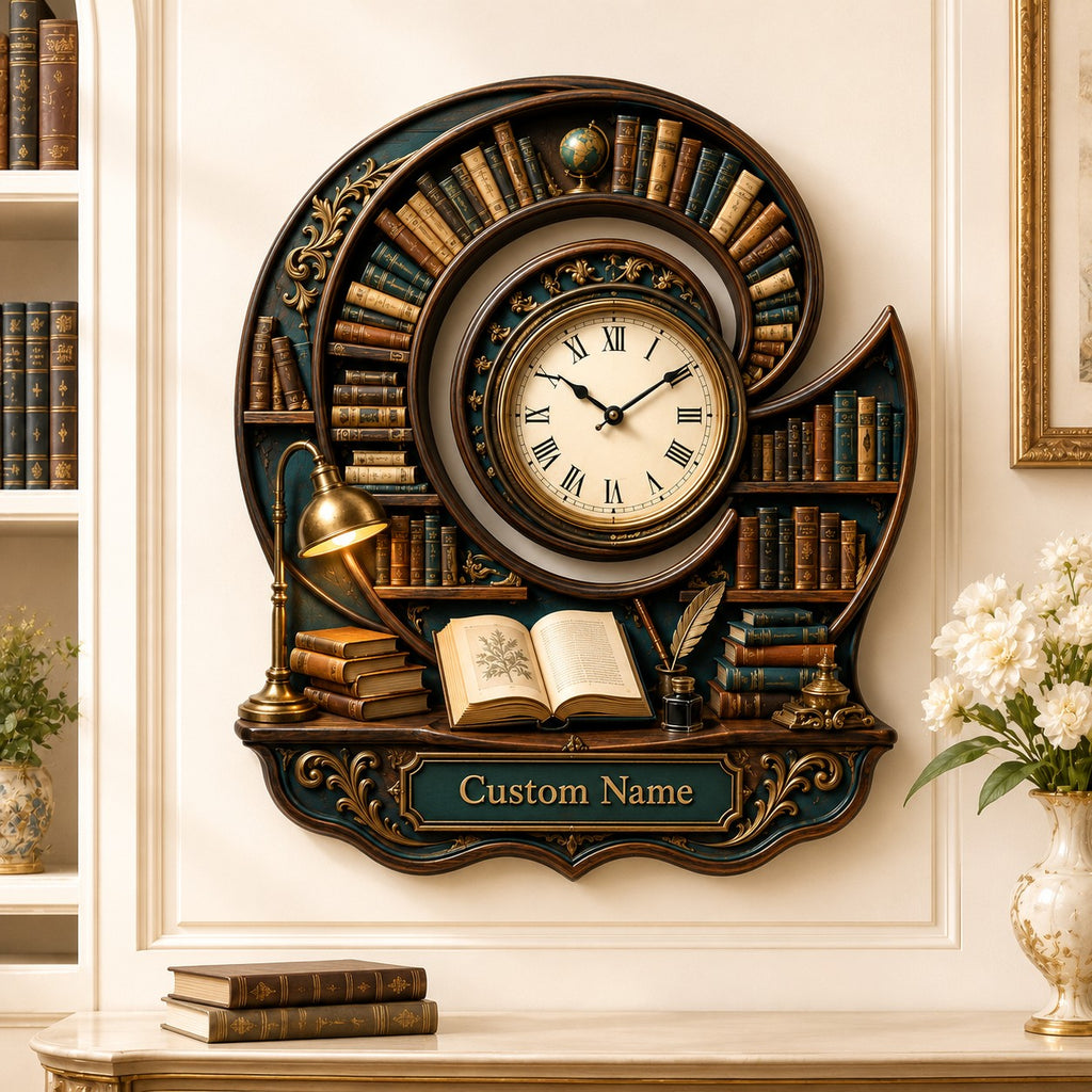 Personalized Spiral Library Wall Clock — personalized with a custom name