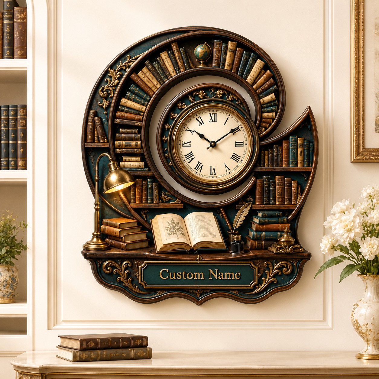 Personalized Spiral Library Wall Clock — personalized with a custom name