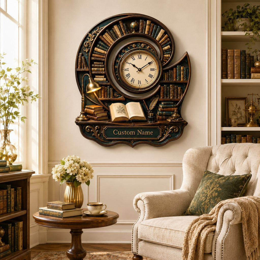 Personalized Spiral Library Wall Clock — personalized with a custom name
