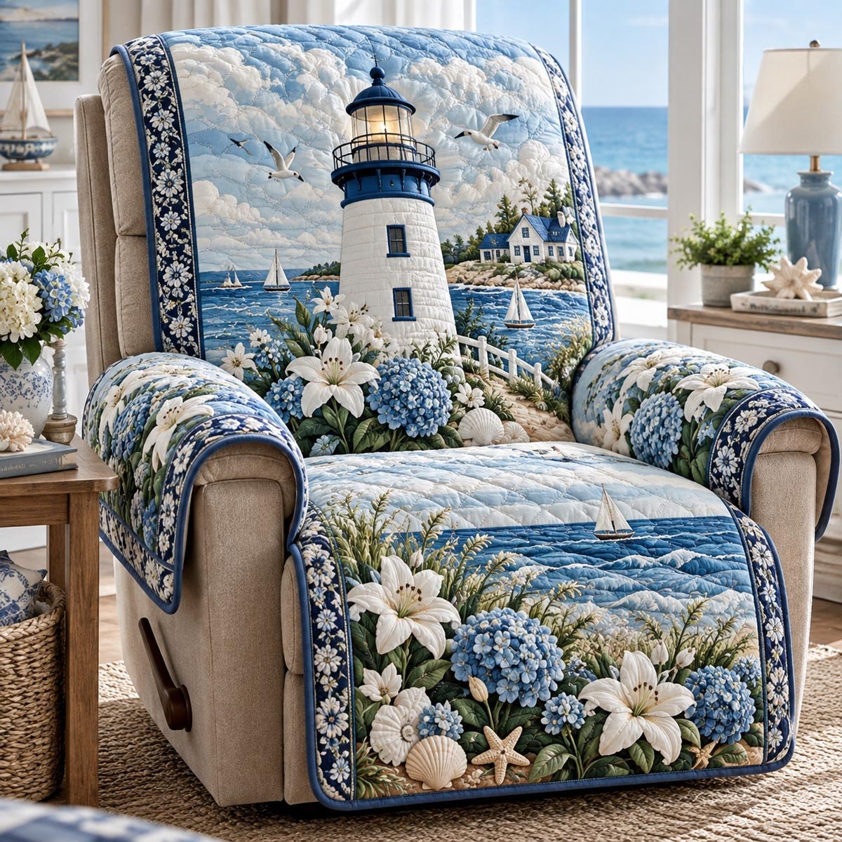 Hydrangea Lighthouse Harbor Sofa Cover