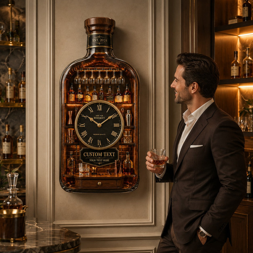 Whiskey bottle Custom Name Wall Clock — personalized with a custom name