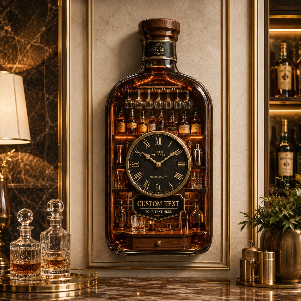 Whiskey bottle Custom Name Wall Clock — personalized with a custom name