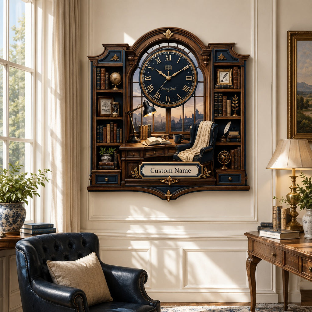 Navy library Custom Name Wall Clock — personalized with a custom name