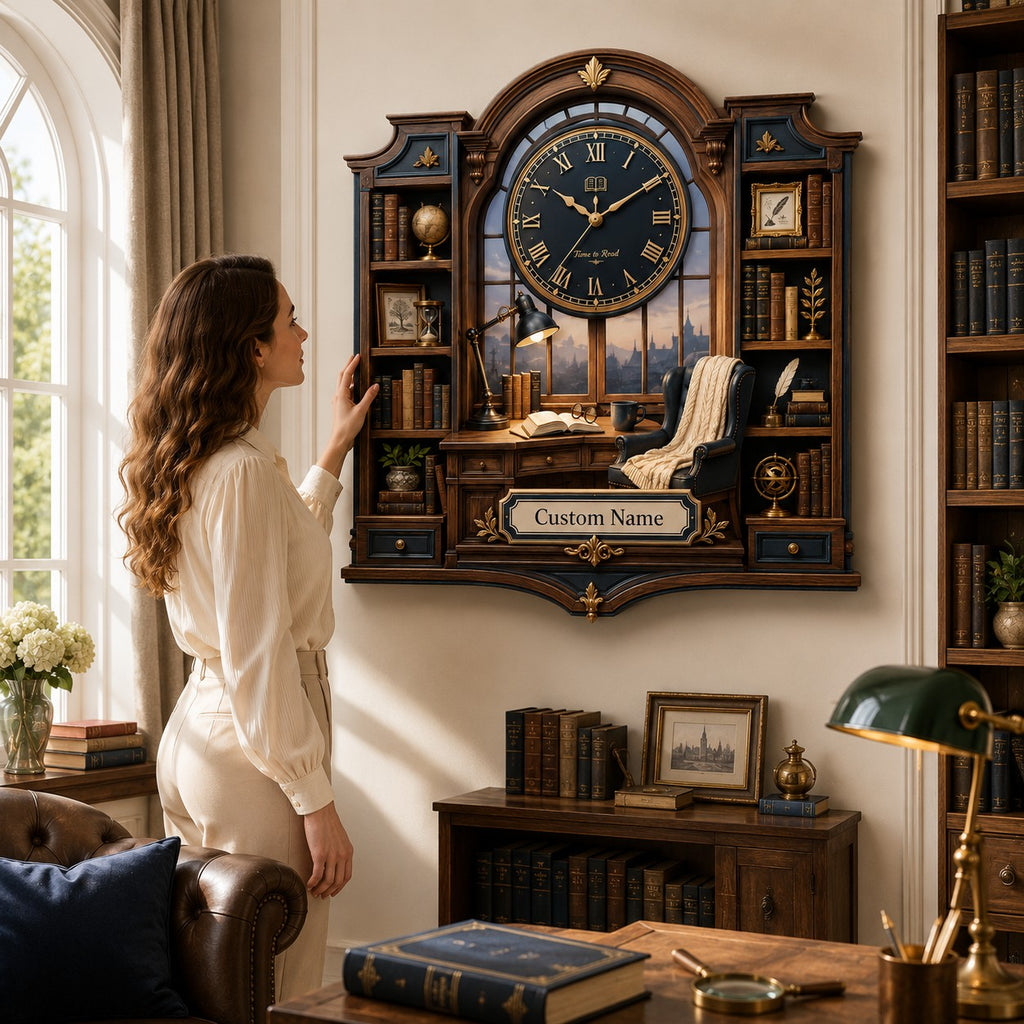 Navy library Custom Name Wall Clock — personalized with a custom name