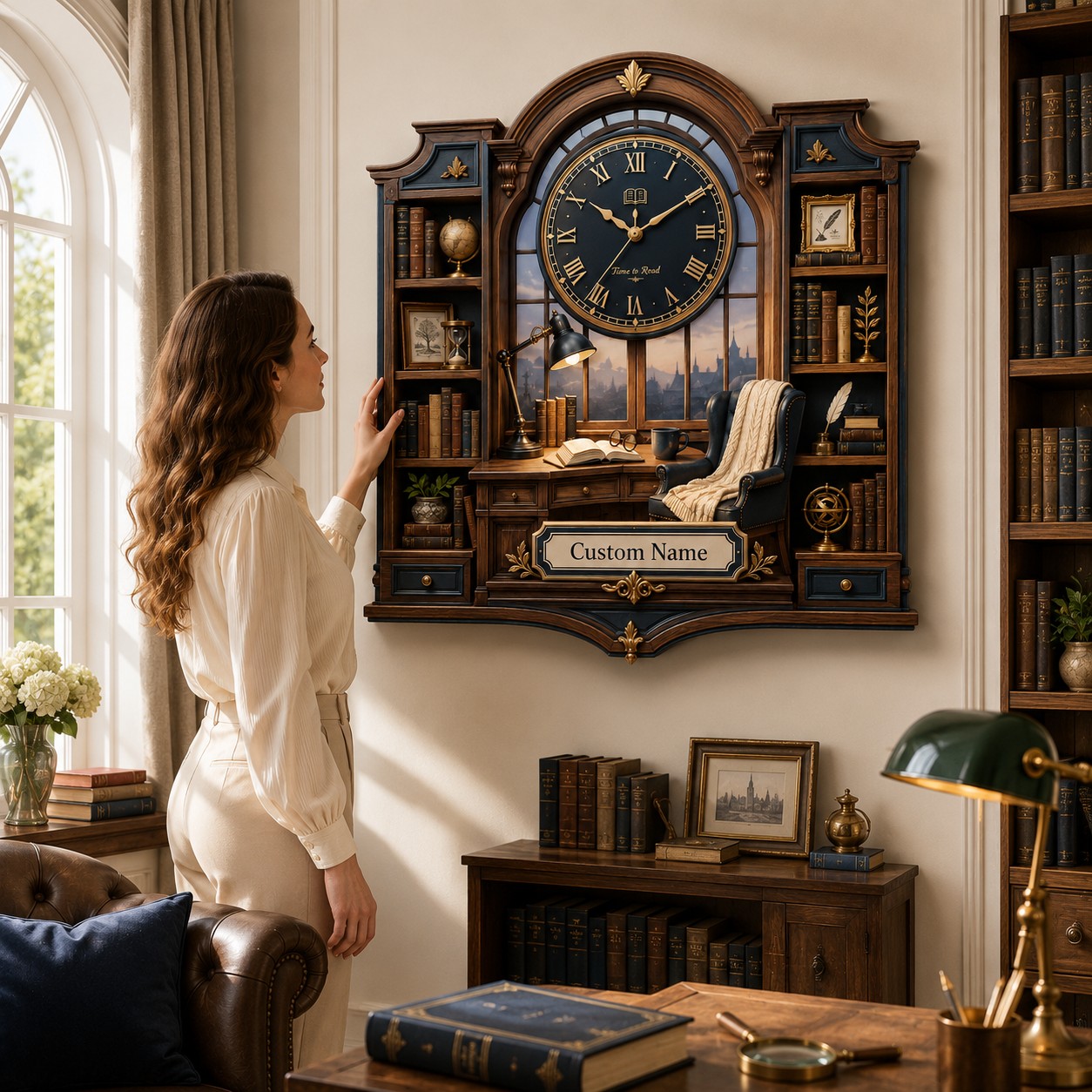 Navy library Custom Name Wall Clock — personalized with a custom name