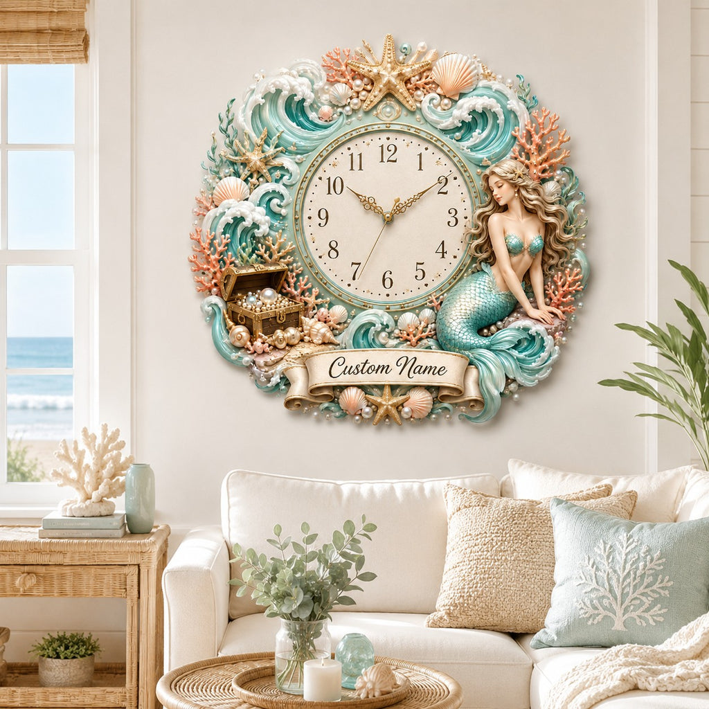 Mermaid Custom Name Wall Clock — personalized with a custom name