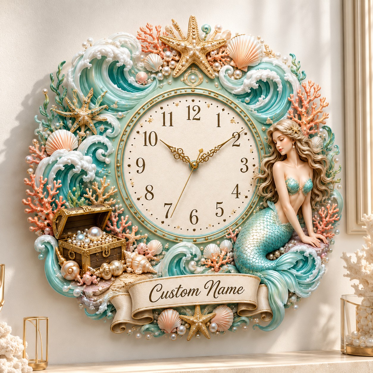 Mermaid Custom Name Wall Clock — personalized with a custom name