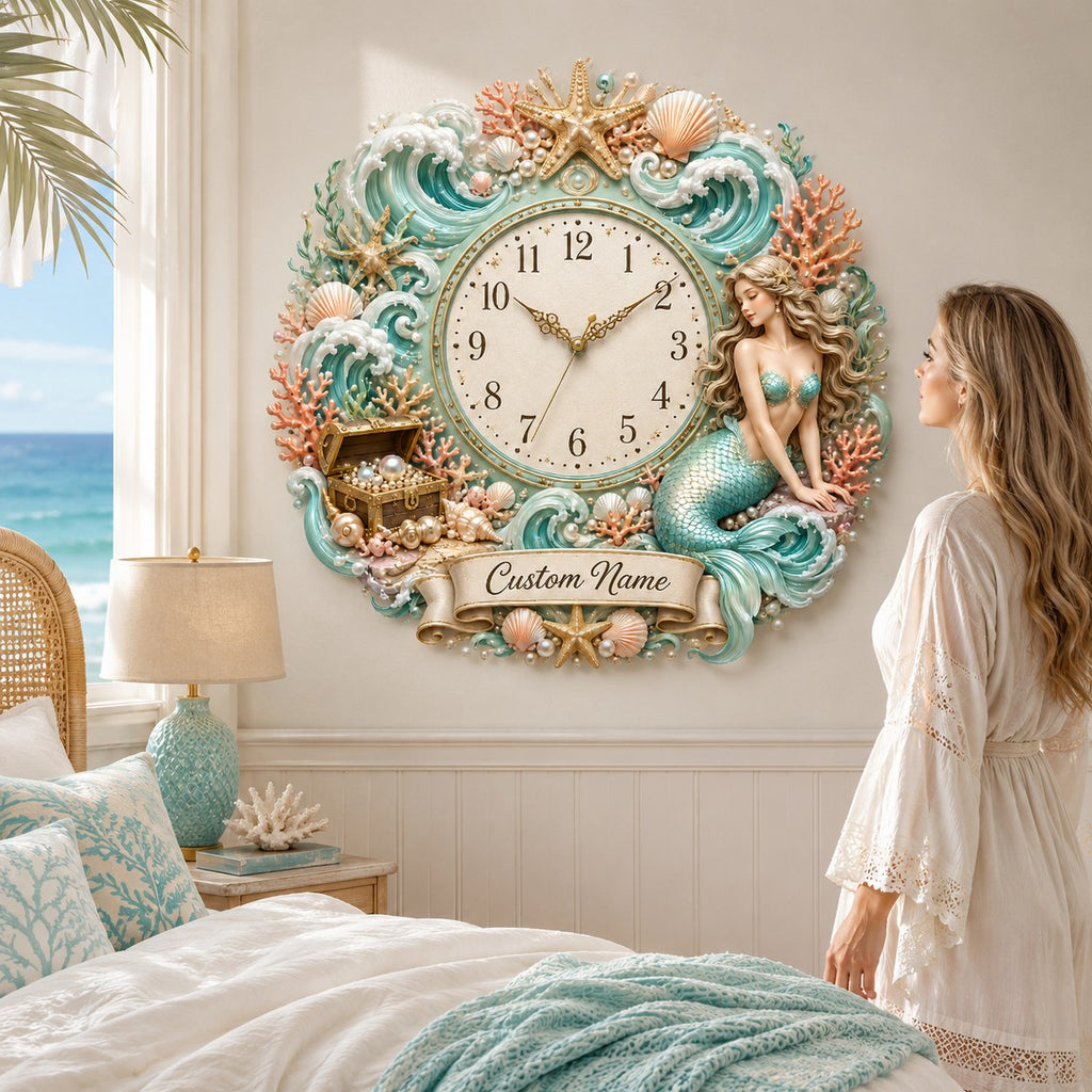 Mermaid Custom Name Wall Clock — personalized with a custom name