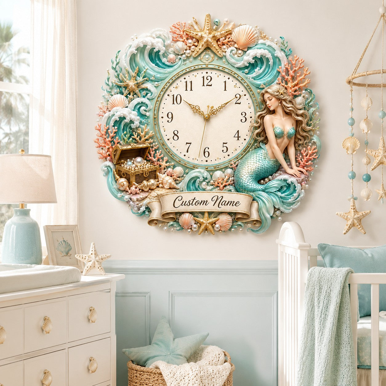 Mermaid Custom Name Wall Clock — personalized with a custom name