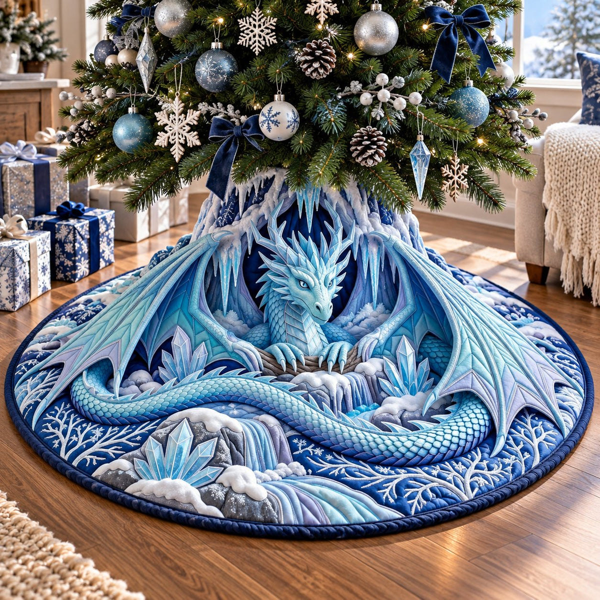 Ice Crystal Dragon Christmas Tree Skirt