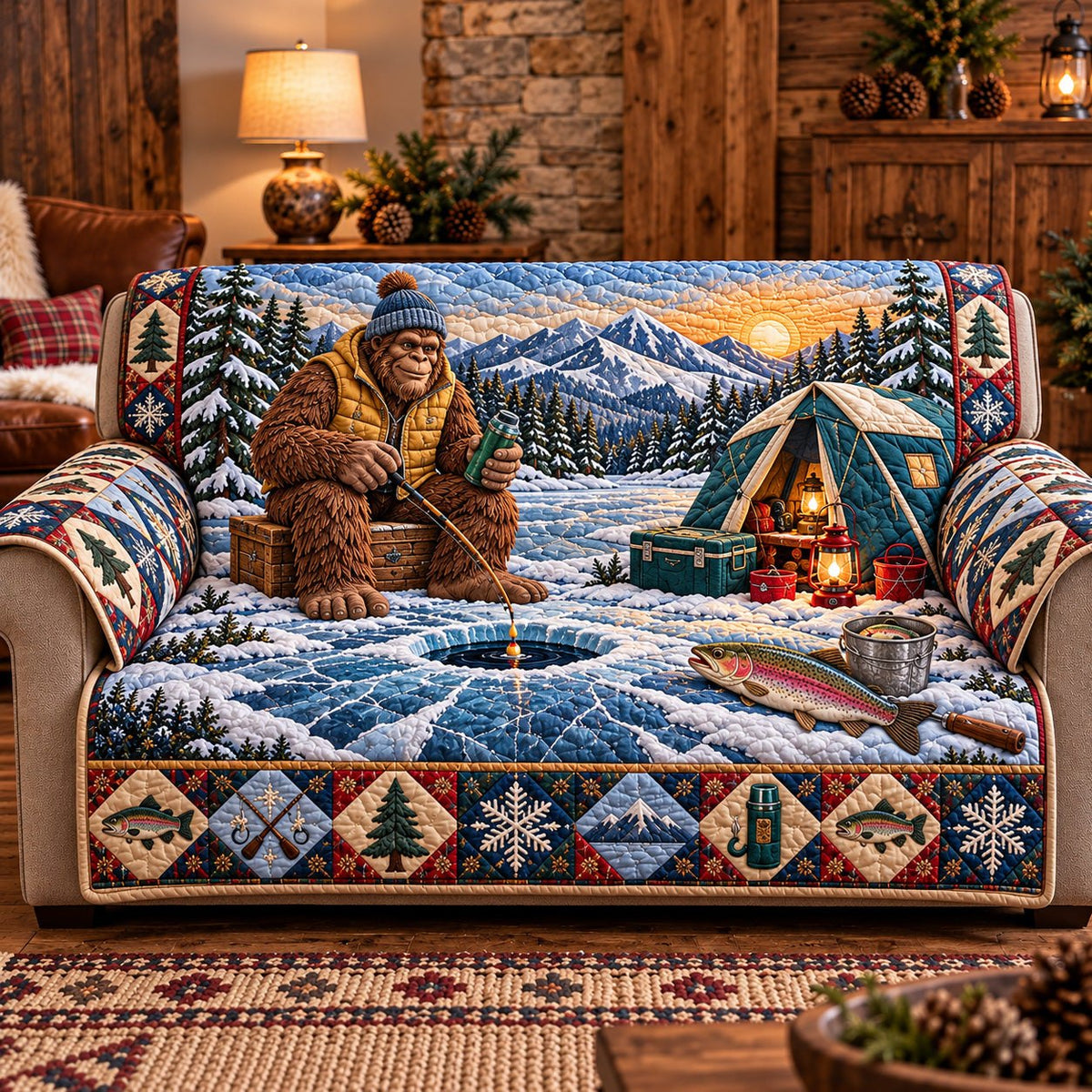 Ice Fishing Bigfoot Sofa Cover