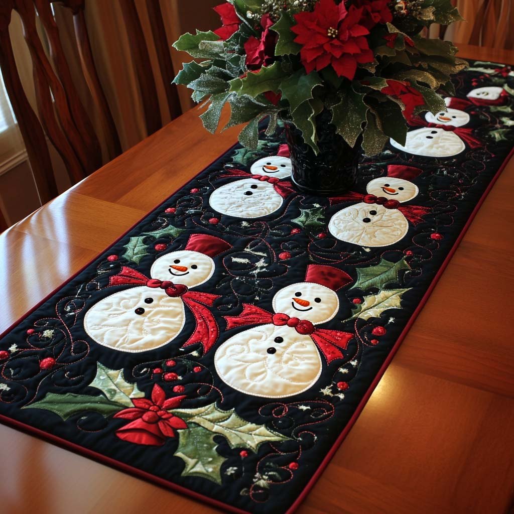 Snowmen on Black with Holly Table Runner