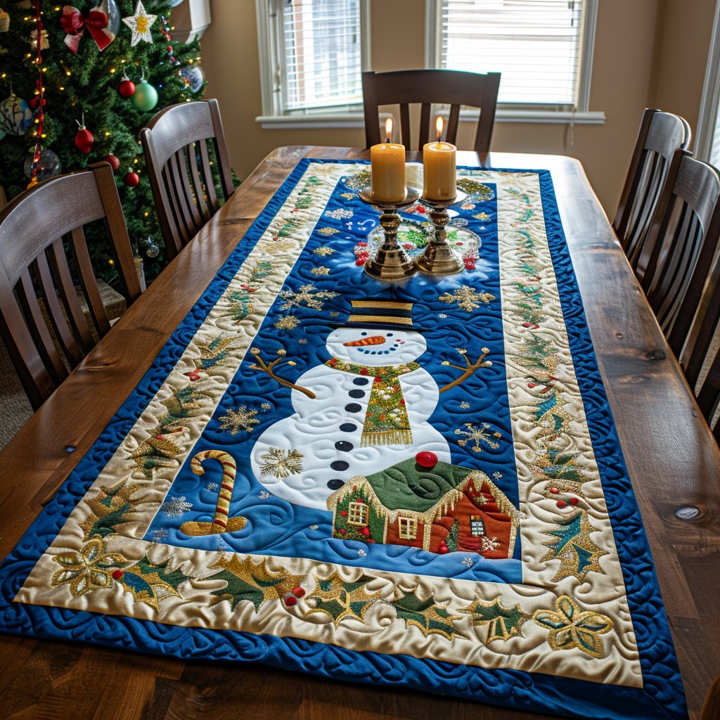 Snowman with Cottage on Blue Table Runner
