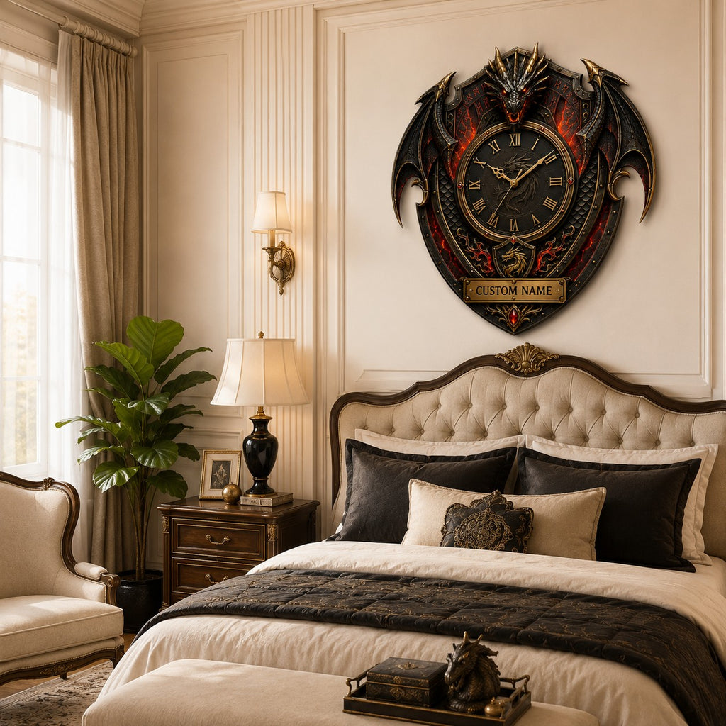 Dragon crest Custom Name Wall Clock — personalized with a custom name