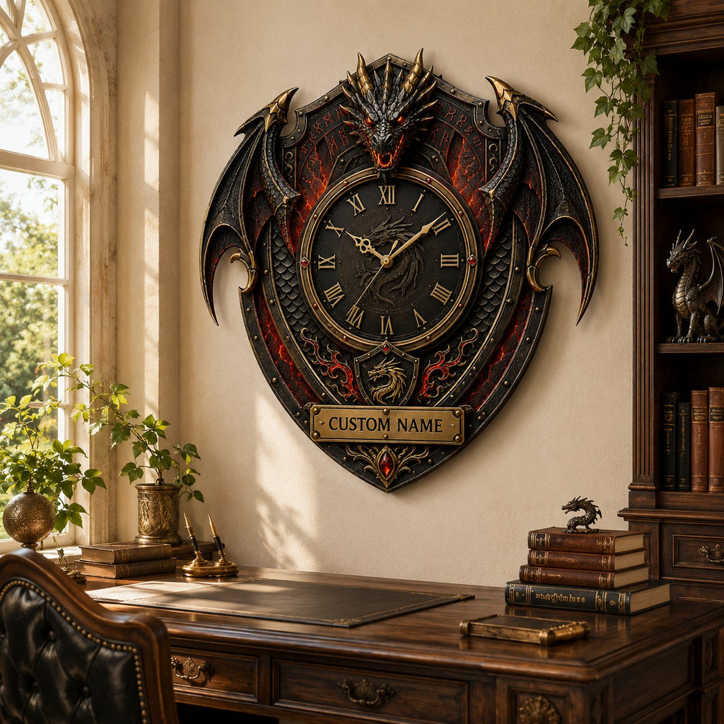 Dragon crest Custom Name Wall Clock — personalized with a custom name