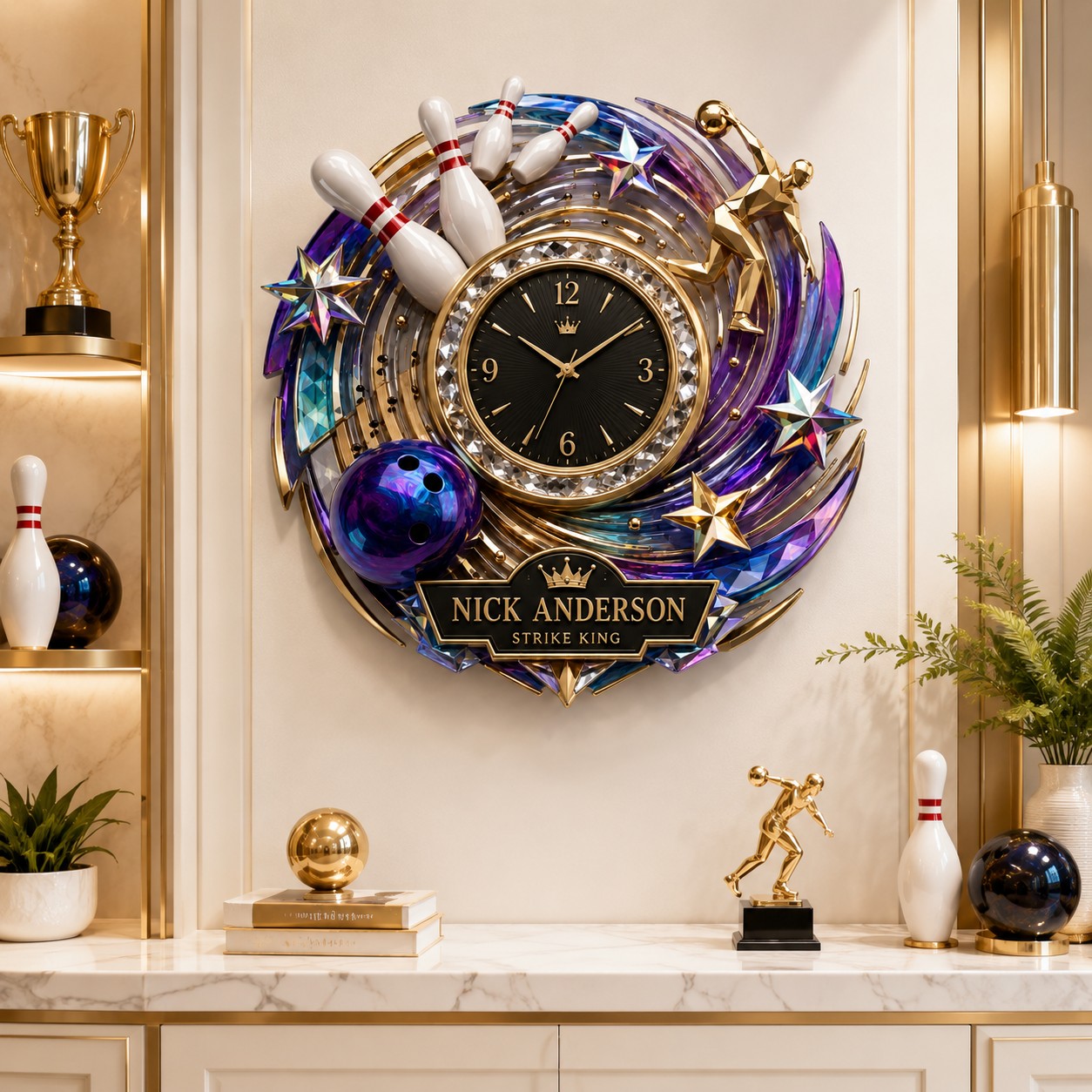 Bowling champion Custom Name Wall Clock — personalized with a custom name