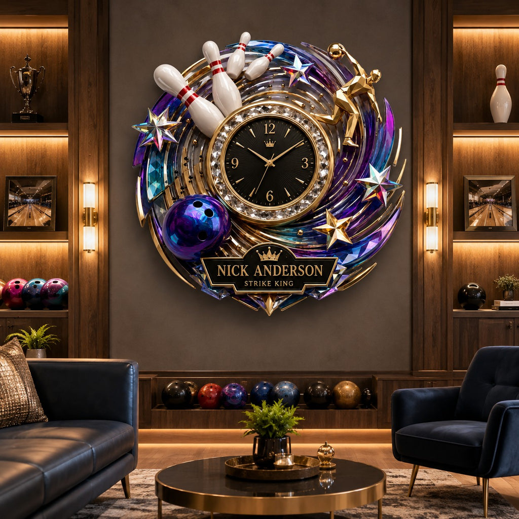 Bowling champion Custom Name Wall Clock — personalized with a custom name