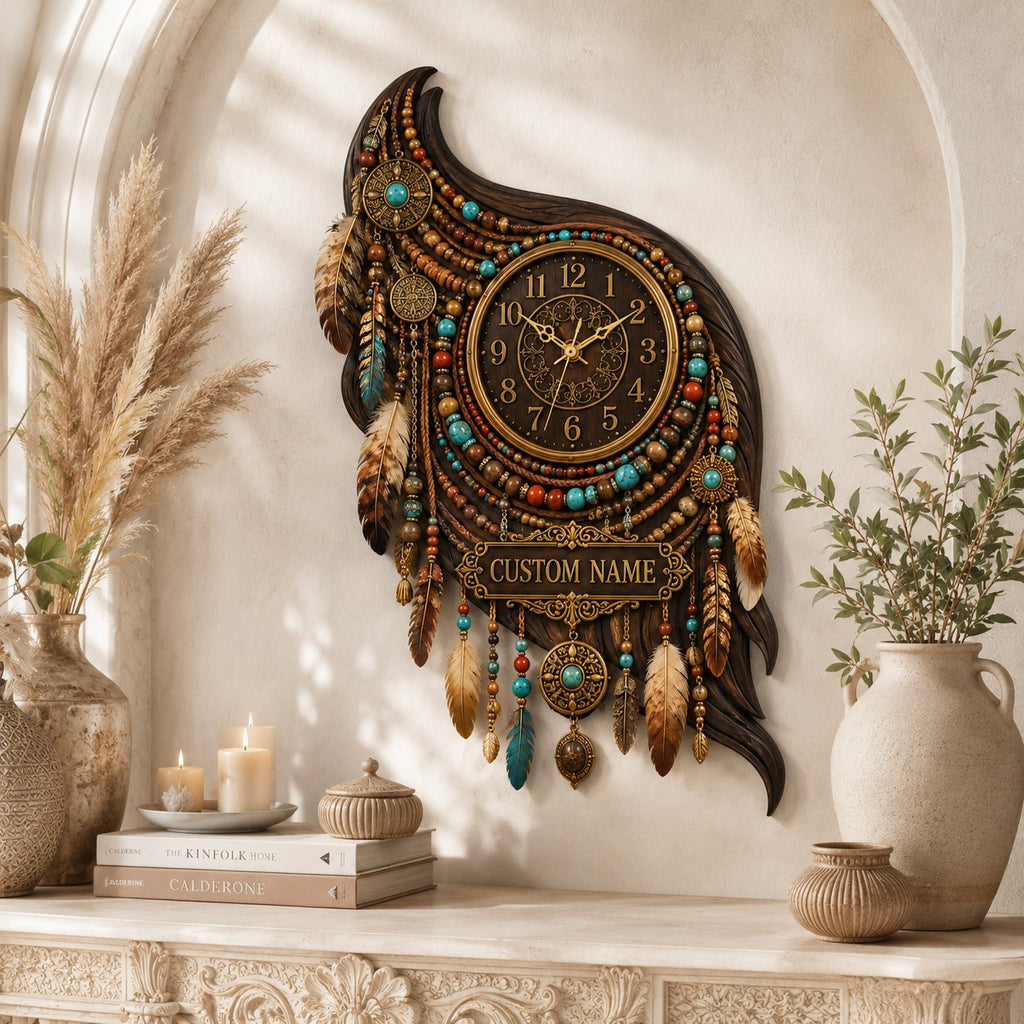 Boho feather Custom Name Wall Clock — personalized with a custom name