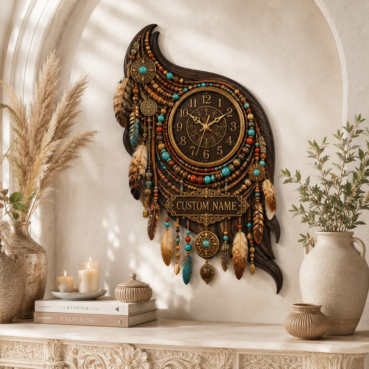 Boho feather Custom Name Wall Clock — personalized with a custom name