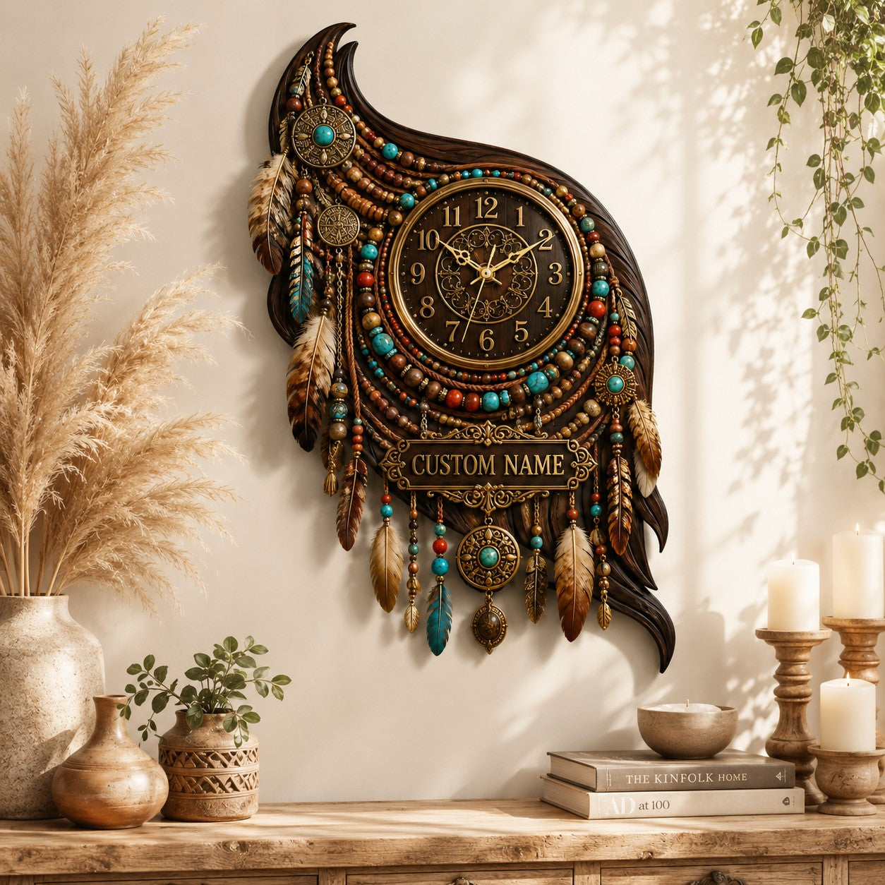 Boho feather Custom Name Wall Clock — personalized with a custom name