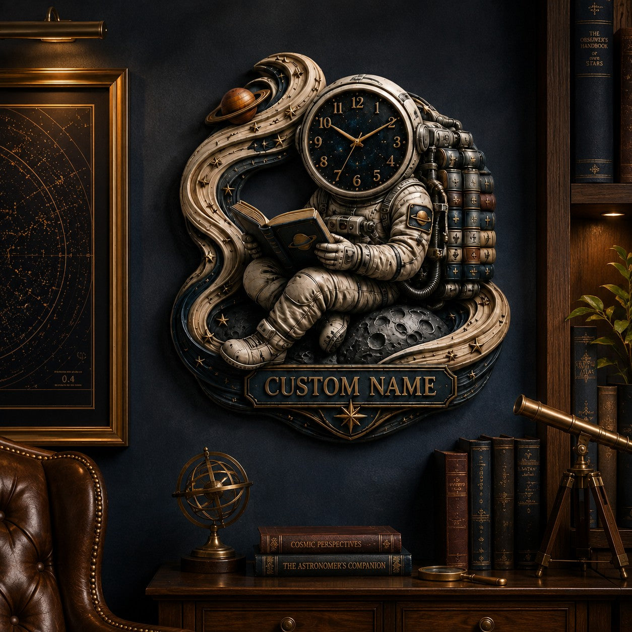 Personalized Astronaut Book Lover Wall Clock — personalized with a custom name