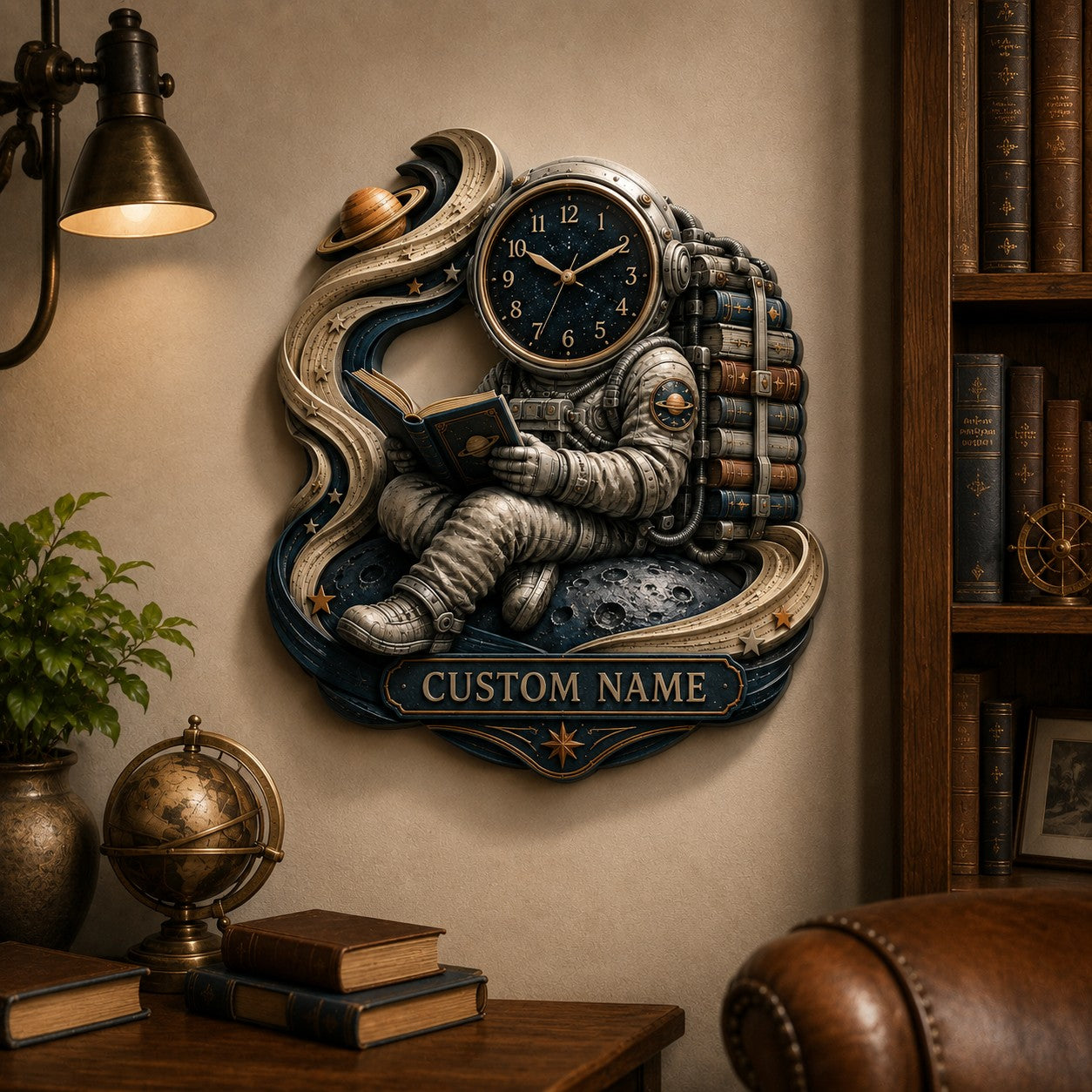 Personalized Astronaut Book Lover Wall Clock — personalized with a custom name