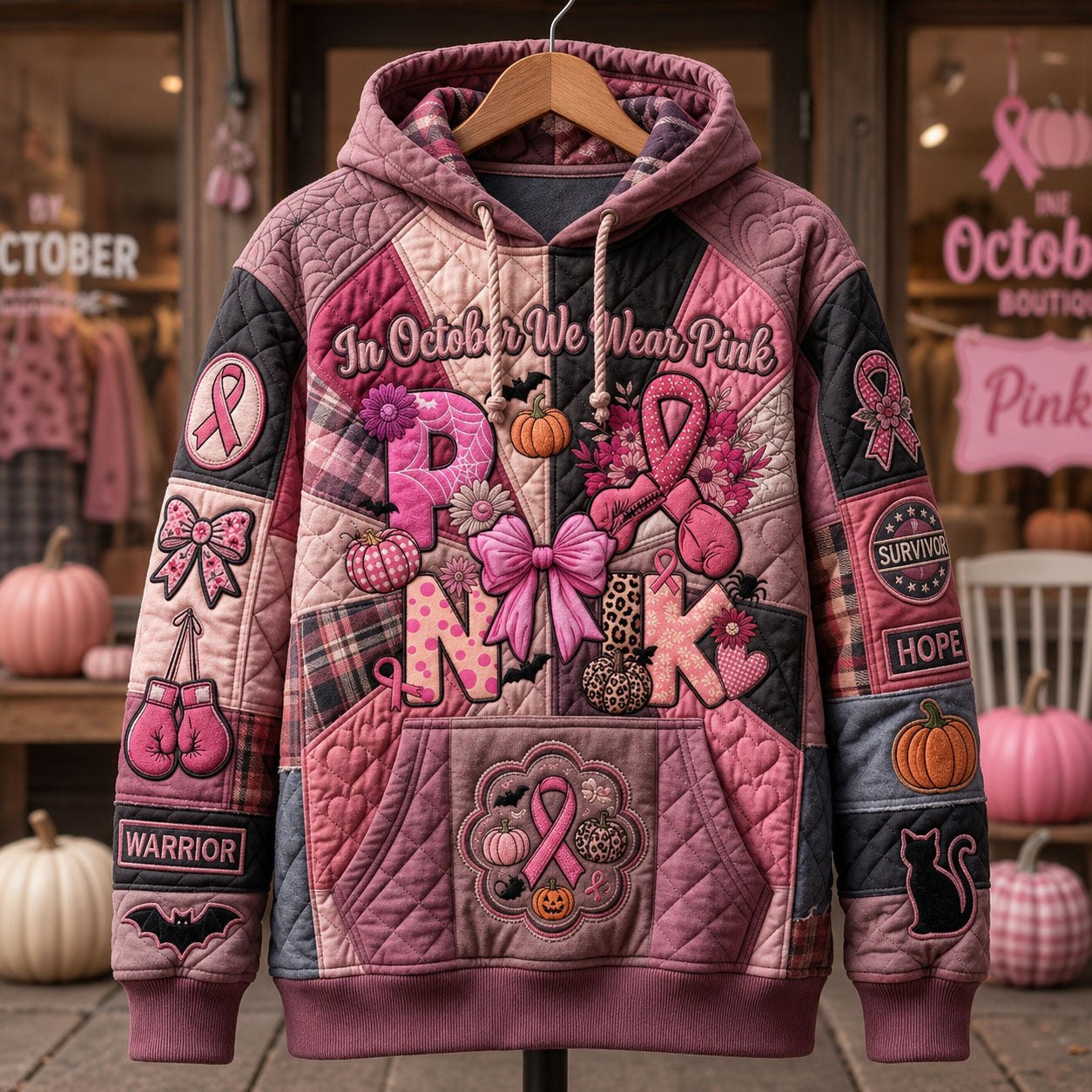 Pink Letter Patchwork hoodie, all-over print