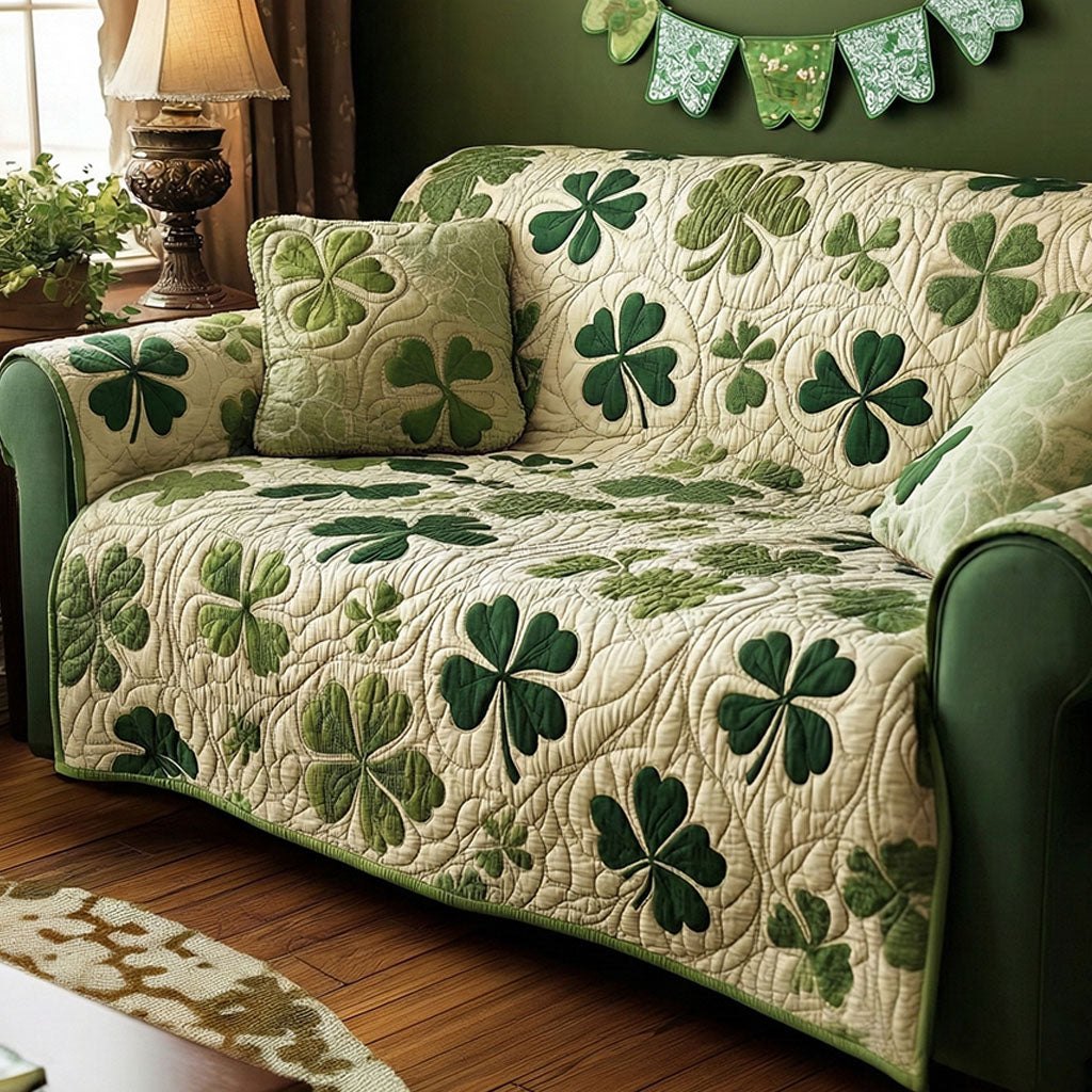 Green Shamrocks on Green Quilt Sofa Cover
